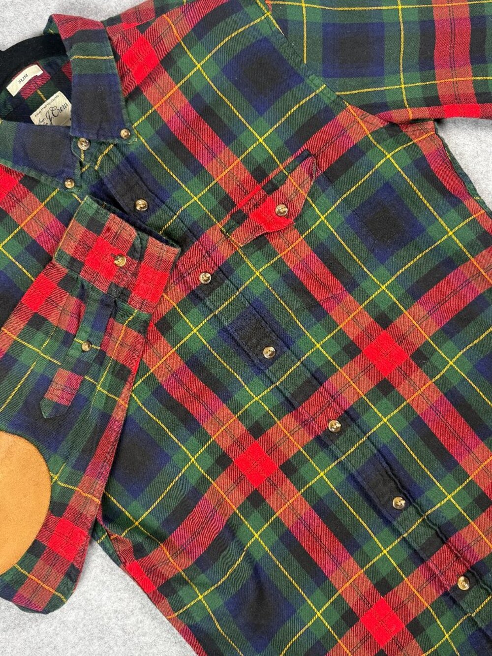 J.Crew Slim Tartan Plaid Cotton Wool Shirt Red Green Suede Elbow Patches Medium